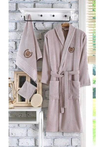 Nakışlı 5 Parça Pamuk Bornoz Seti, Rahat ve Şık, Kahverengi, Tek veya Set halinde