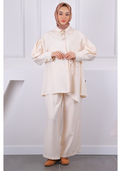 Bej Yan Bağlamalı Tunik Pantolonlu Takım