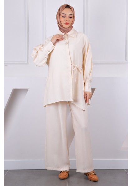 Bej Yan Bağlamalı Tunik Pantolonlu Takım fiyatları