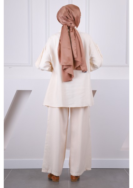 Bej Yan Bağlamalı Tunik Pantolonlu Takım modelleri