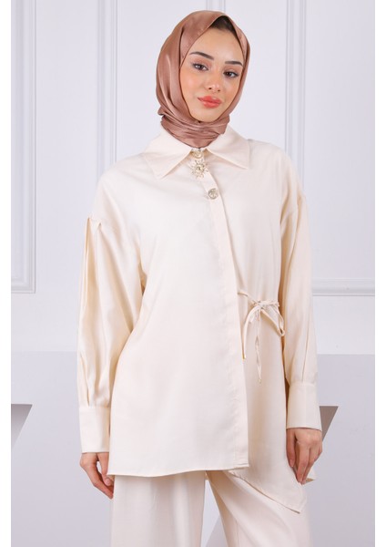 Bej Yan Bağlamalı Tunik Pantolonlu Takım fırsatları