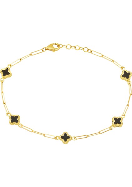 Siyah Yoncalı 14 Ayar Altın Ataç Zincirli Bileklik