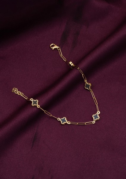 Siyah Yoncalı 14 Ayar Altın Ataç Zincirli Bileklik modelleri