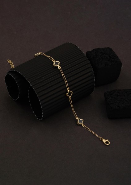 Siyah Yoncalı 14 Ayar Altın Ataç Zincirli Bileklik indirimleri