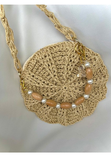 Ahşap Askı Detaylı Hasır Çanta / Makaron Çanta (Ayıcık Anahtarlık )