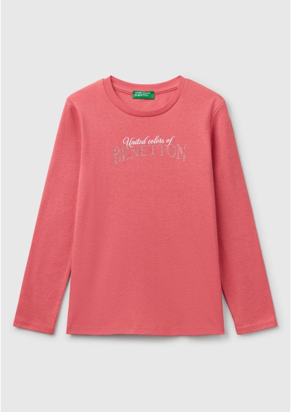 Kız Çocuk Fuşya Simli Benetton Logo Baskılı T-Shirt
