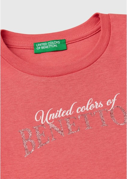 Kız Çocuk Fuşya Simli Benetton Logo Baskılı T-Shirt modelleri