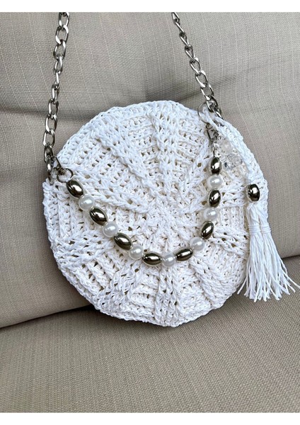 Gümüş Zincir Askılı Beyaz Hasır Çanta / Makaron Çanta (Ayıcık Anahtarlık )