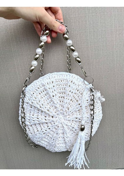 Gümüş Zincir Askılı Beyaz Hasır Çanta / Makaron Çanta (Ayıcık Anahtarlık )