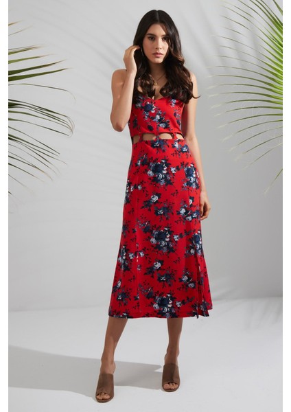 Magic Askılı Kırmızı Desenli Kadın Maxi Boy Kadın Elbise ve Özel Tasarım Çanta