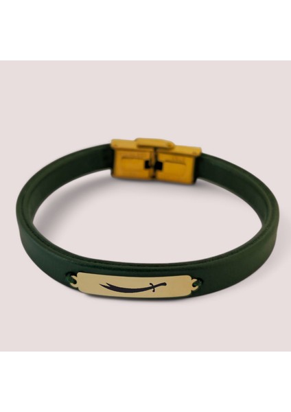 14 Ayar Altın Plakalı Kadınlara Dikdörtgen Figürlü ve Özgün Derili Sembol Bilekliği-367SEMBOL-YEŞIL