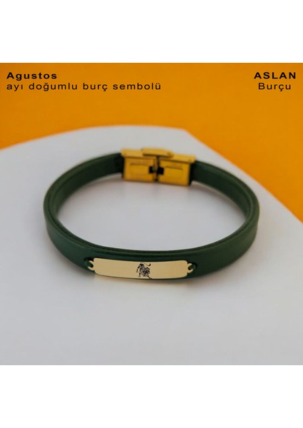 14 Ayar Altın Plakalı Dikdörtgen Figürlü ve Özgün Derili Kadınlara Özel Burç Bilekliği-367BURÇ-YEŞIL