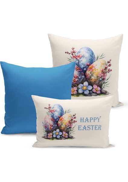 Ilkbahar Serisi Çift Tarafı Dijital Baskılı 3'lü Kırlent Kılıfı Seti (Spring Easter Paskalya)