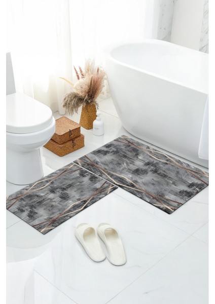 Yıkanabilir 2'li Banyo Seti, Kaymaz Taban, Siyah-Gümüş, Konfor ve Şıklık Sunar