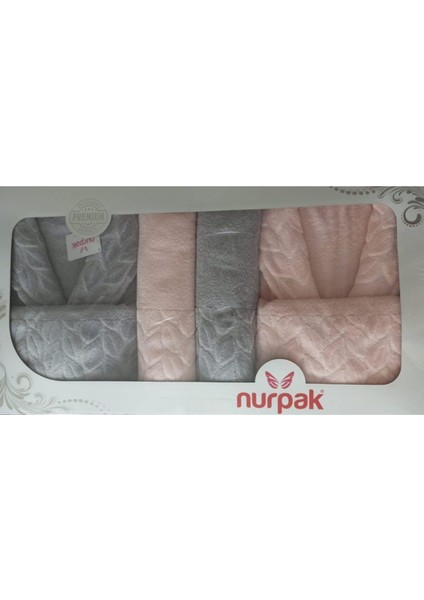 Kadife Dokulu 8 Parça Aile Bornoz Seti, Gri ve Pudra, Pamuk, Konforlu ve Şık