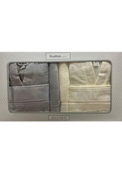 Gri-Krem Pamuklu Aile Bornoz Seti, 6 Parça, Rahat ve Şık Tasarım