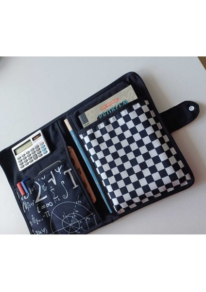 Siyah Beyaz Matematik Formülleri Desenli Dijital Baskı Kumaş Organizer - Ajanda Boyu