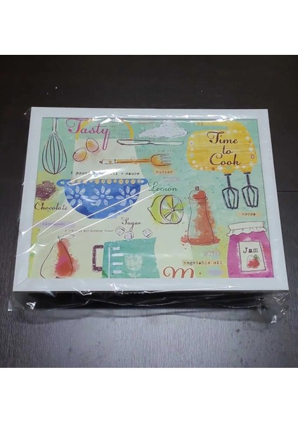 Minderli Desenli Keyif Tepsi Kahvaltı Tray Time To Cook 46 x 36 cm Beyaz Sarı Süs Servis 1 Adet
