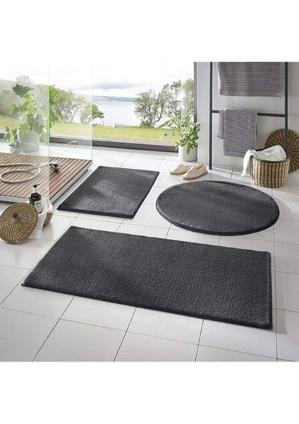 3'lü Banyo Paspas Takımı, Antrasit Siyah, Kaymaz Taban, 60x100 cm