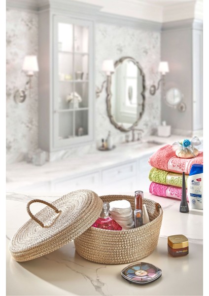 Mantar Çok Amaçlı Jüt Hasır Kapaklı Organizer Sepet 20 x 20 x 10 cm Ms Home Series
