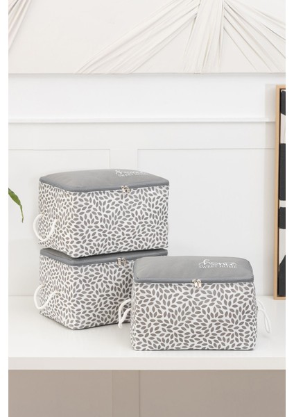 3'lü Gri Home Sweet Home Baskılı Küçük Boy Baza Altı, Valiz Düzenleyici Hurç / 30 x 22 x 18