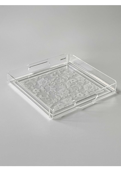 Dantel Karanfil Desenli Pleksi Şeffaf Kahve Çay Sunum Servis Tepsisi 25CMX25CM