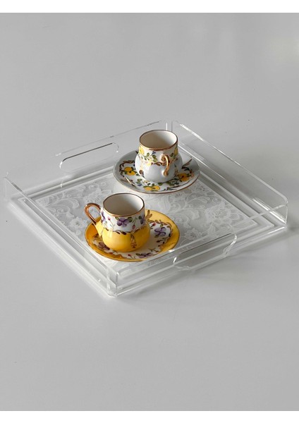 Dantel Karanfil Desenli Pleksi Şeffaf Kahve Çay Sunum Servis Tepsisi 25CMX25CM