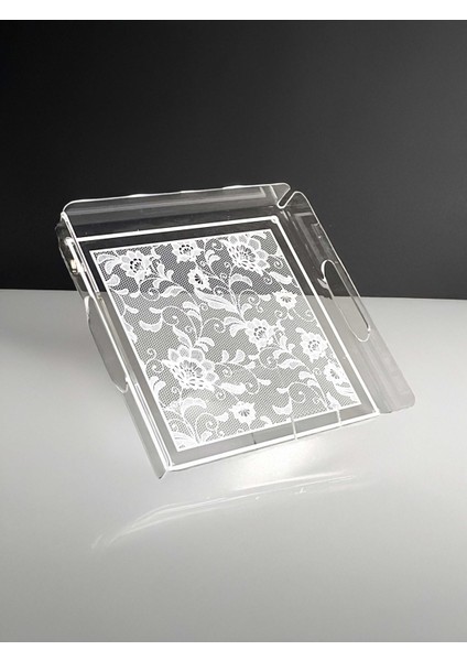 Dantel Karanfil Desenli Pleksi Şeffaf Kahve Çay Sunum Servis Tepsisi 25CMX25CM