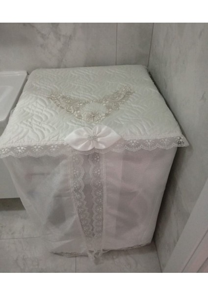 Çamaşır Makinesi Örtüsü Ortası Fransız Güpürlü Güllü Kenar Hilal Kumaş 65X80