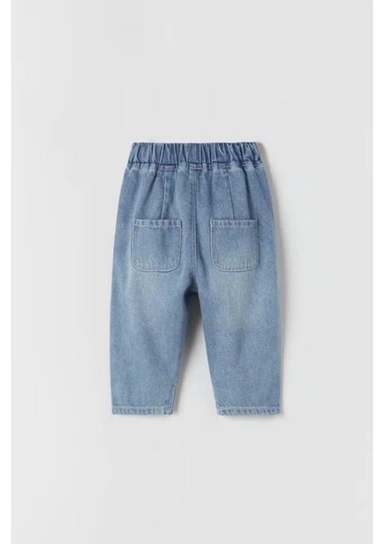 Yeni Sezon Kız Çocuk Rahat Kalıp Bağcık Detaylı Beli Lastikli Jean Kot Pantolon Mavi