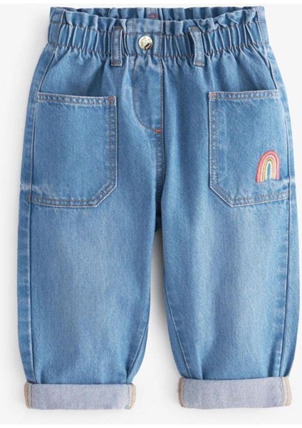 Kız Çocuk Gökkuşağı Nakış Detaylı Mom Jean Kot Pantolon Açık Mavi fırsatları