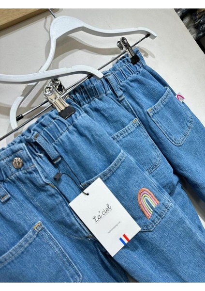 Kız Çocuk Gökkuşağı Nakış Detaylı Mom Jean Kot Pantolon Açık Mavi indirimleri