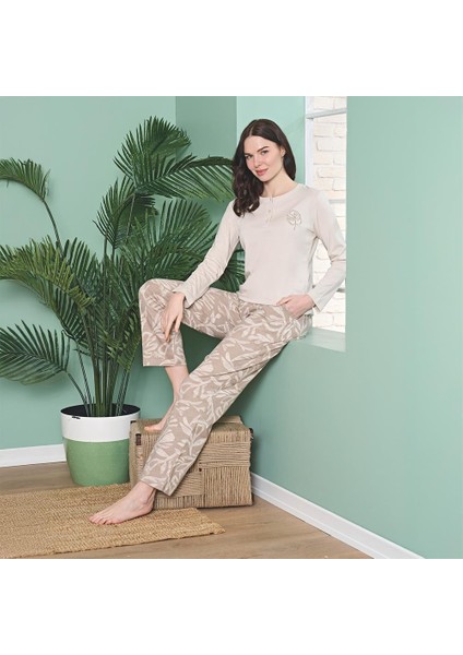1819 Kadın Uzun Kol Dört Mevsim Modal Büyük Beden Pijama Takım