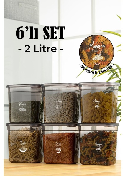 Beyaz Serigrafi Etiketli 6'lı Set Maxi Boy Peggy Uzun Dikdörtgen Saklama Kabı 2 Litre Antrasit