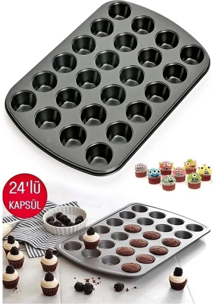 24'lü muffin kalıbı, kek ve tatlılar için ideal, dayanıklı ve kullanışlı.