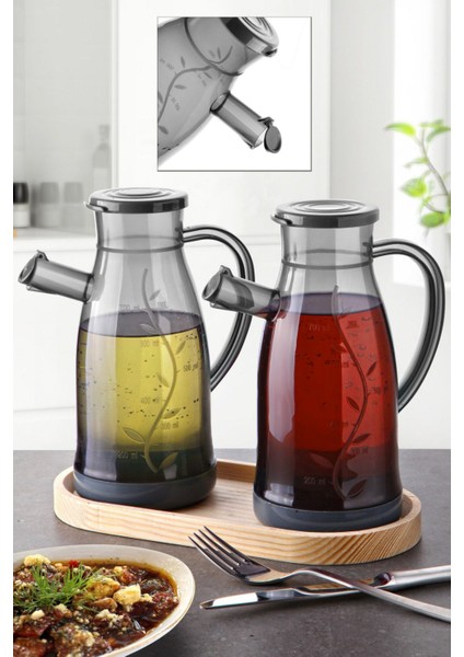 2'li şeffaf bambu standlı 700 ml yağ ve sosluk seti, gri, 3 parça, şık tasarım