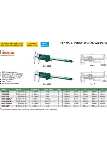 Insıze 1118-150BW Dijital Kumpas IP67 Sd