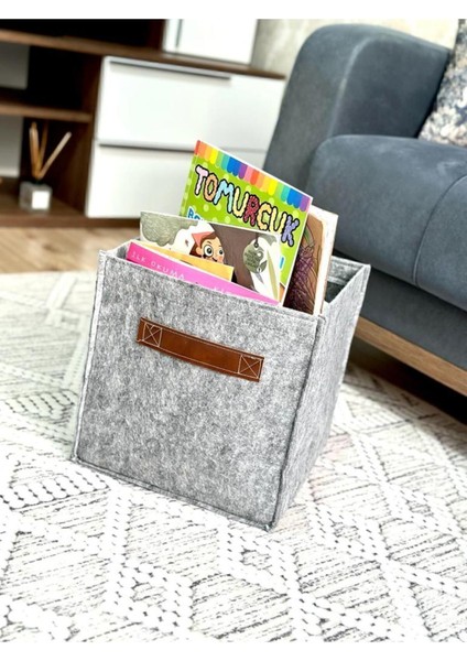 Çok Amaçlı Deri Kulplu Keçe Kutu Organizer Dolap Çamaşır Oyuncak Düzenleyici 30 x 30 x 30 cm Gri