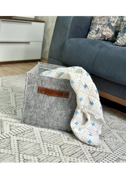 Çok Amaçlı Deri Kulplu Keçe Kutu Organizer Dolap Çamaşır Oyuncak Düzenleyici 30 x 30 x 30 cm Gri modelleri