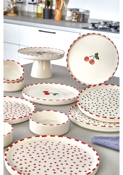 11 Parça 6 Kişilik Cherry Stackable Kahvaltı Takımı - Kirazlı Kahvaltılık Sunum Tabağı