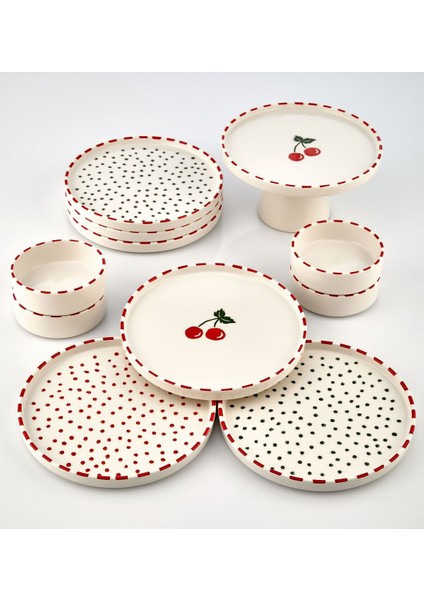 11 Parça 6 Kişilik Cherry Stackable Kahvaltı Takımı - Kirazlı Kahvaltılık Sunum Tabağı