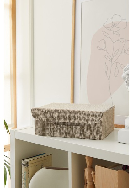 Bej Dokulu Kapaklı Dolap Çekmece Içi Takı Çamaşır Katlanır Saklama Kutusu Organizer 30 x 23 x 11