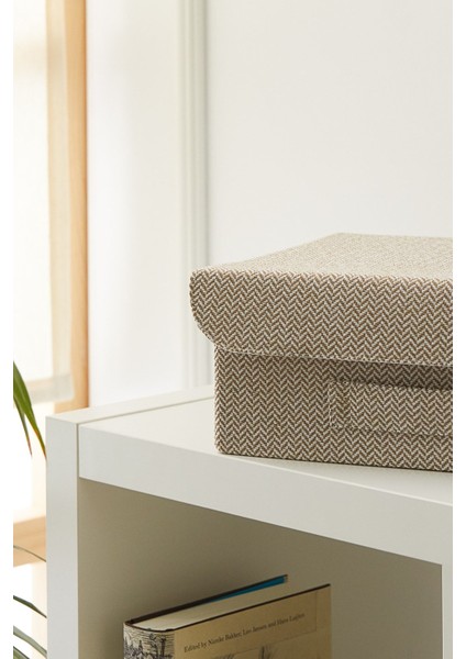 Bej Dokulu Kapaklı Dolap Çekmece Içi Takı Çamaşır Katlanır Saklama Kutusu Organizer 30 x 23 x 11