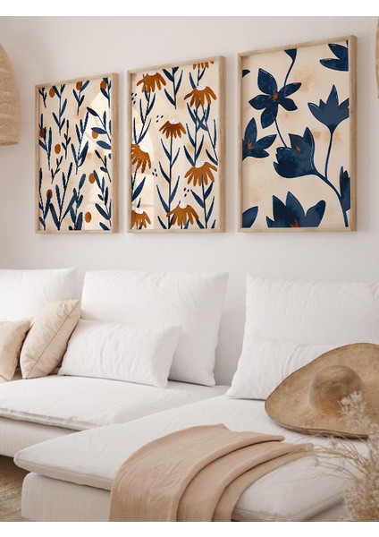 Modern Botanik Dokunuş: Minimalist Çiçek Desenli Üçlü Tablo Seti,3 Lüçerçeveli Tablo