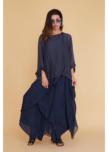 Asimetrik Kapaklı Ipek Şalvar Pantolon - Yarasakolllu Ipek Bluz Takım modelleri