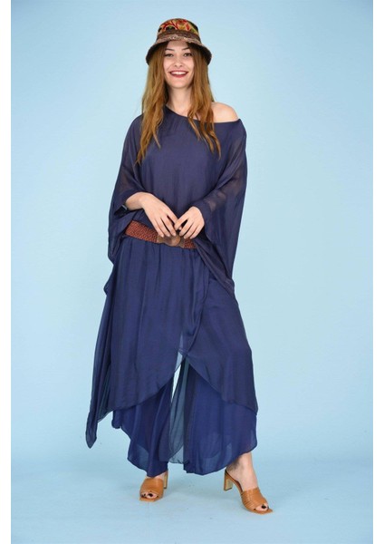 Asimetrik Kapaklı Ipek Şalvar Pantolon - Yarasakolllu Ipek Bluz Takım indirimleri