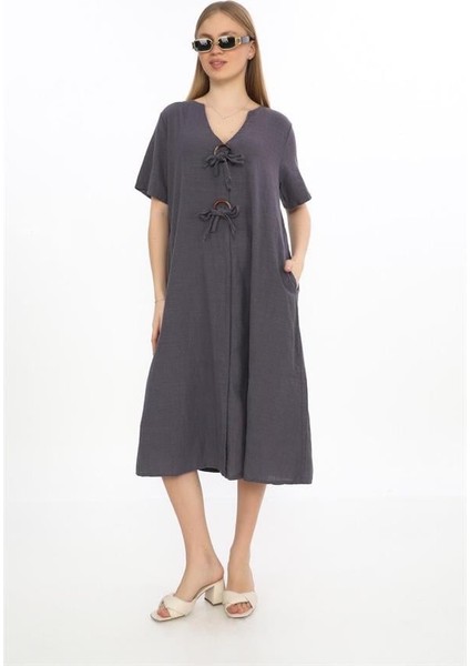 Bohem Yarım Kollu V Yaka Düğme Detay Keten Elbise