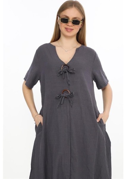 Bohem Yarım Kollu V Yaka Düğme Detay Keten Elbise fiyatları