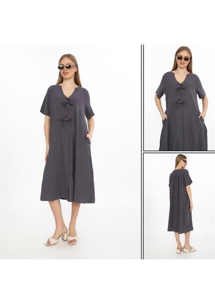 Bohem Yarım Kollu V Yaka Düğme Detay Keten Elbise modelleri