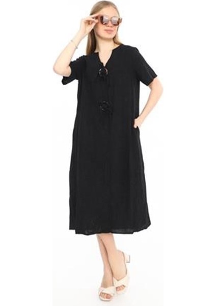 Bohem Yarım Kollu V Yaka Düğme Detay Keten Elbise